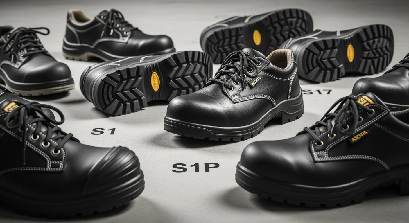 Diverse werkschoenen: veiligheidsschoenen (S1, S1P, S3, S7) voor dames en heren.