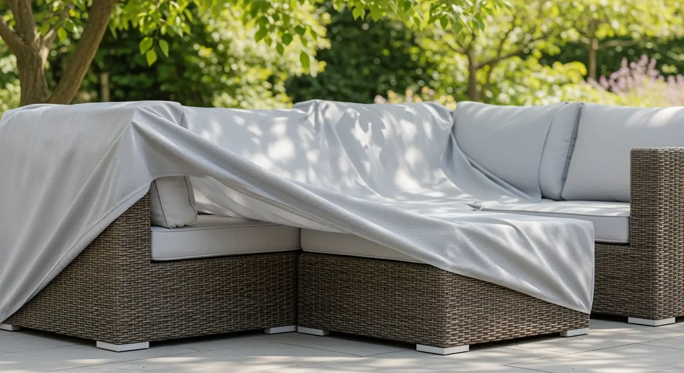 Luxe loungeset beschermd met ademende tuinmeubelhoes. Waterdichte tuinmeubelhoezen voor optimaal behoud.