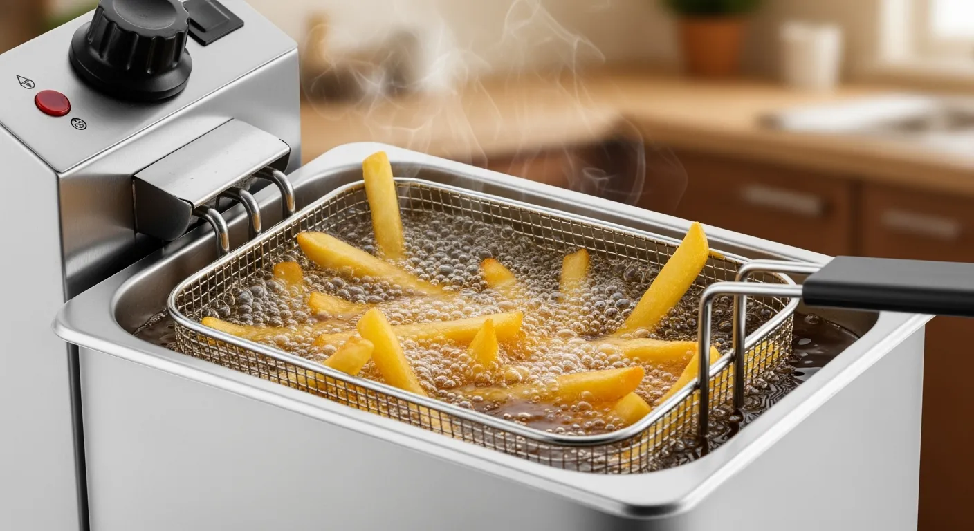 Goudbruine frietjes in een glimmende frituurpan. Perfect resultaat met deze friteuse!