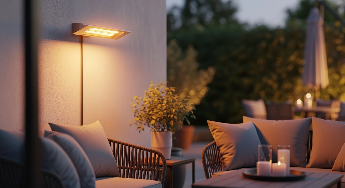 Sfeervolle patio met terrasheater. Warm licht van de heater zorgt voor een gezellige avond.
