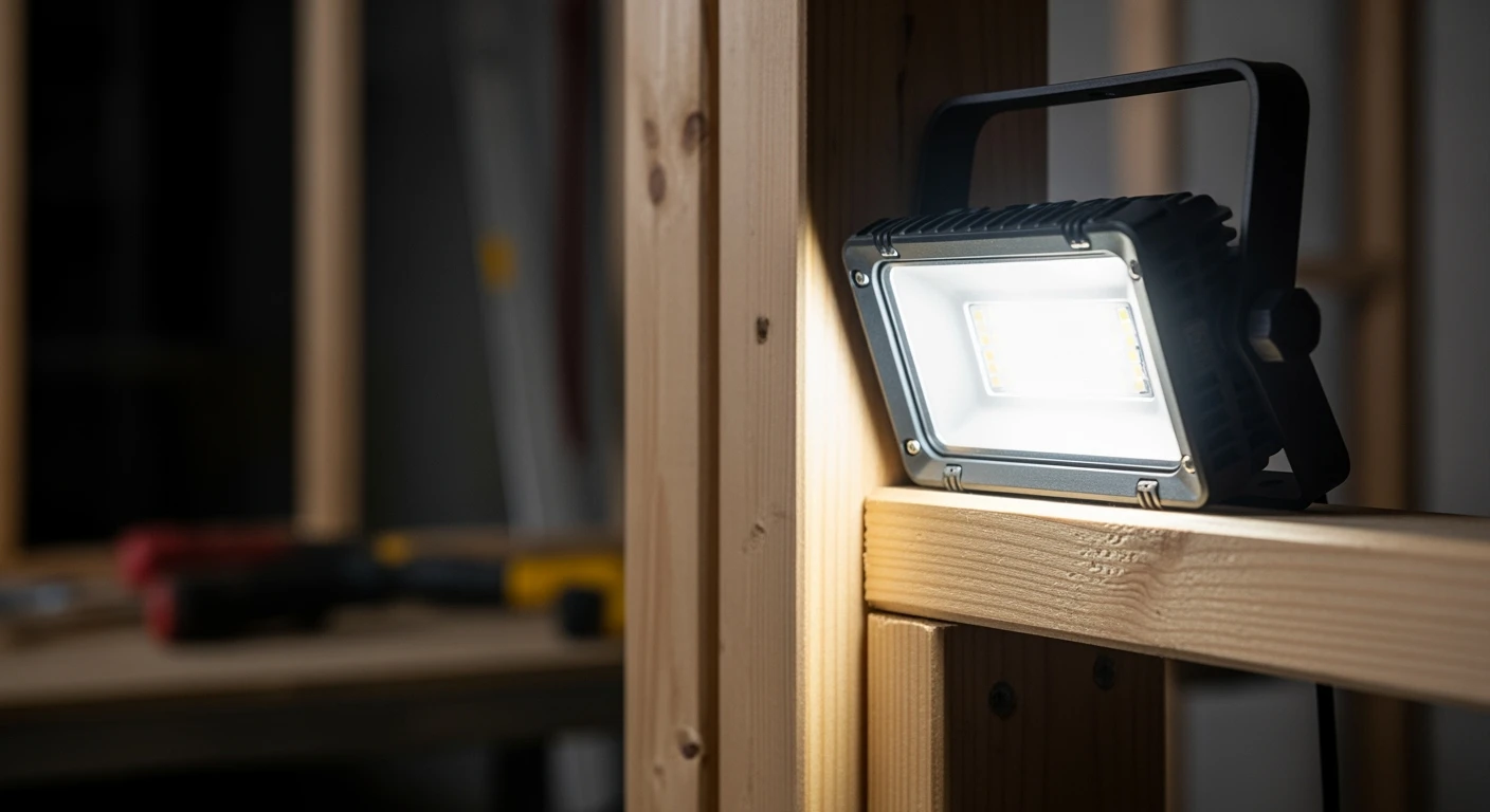 LED bouwlamp verlicht houten frame. Helder, wit licht accentueert de textuur.