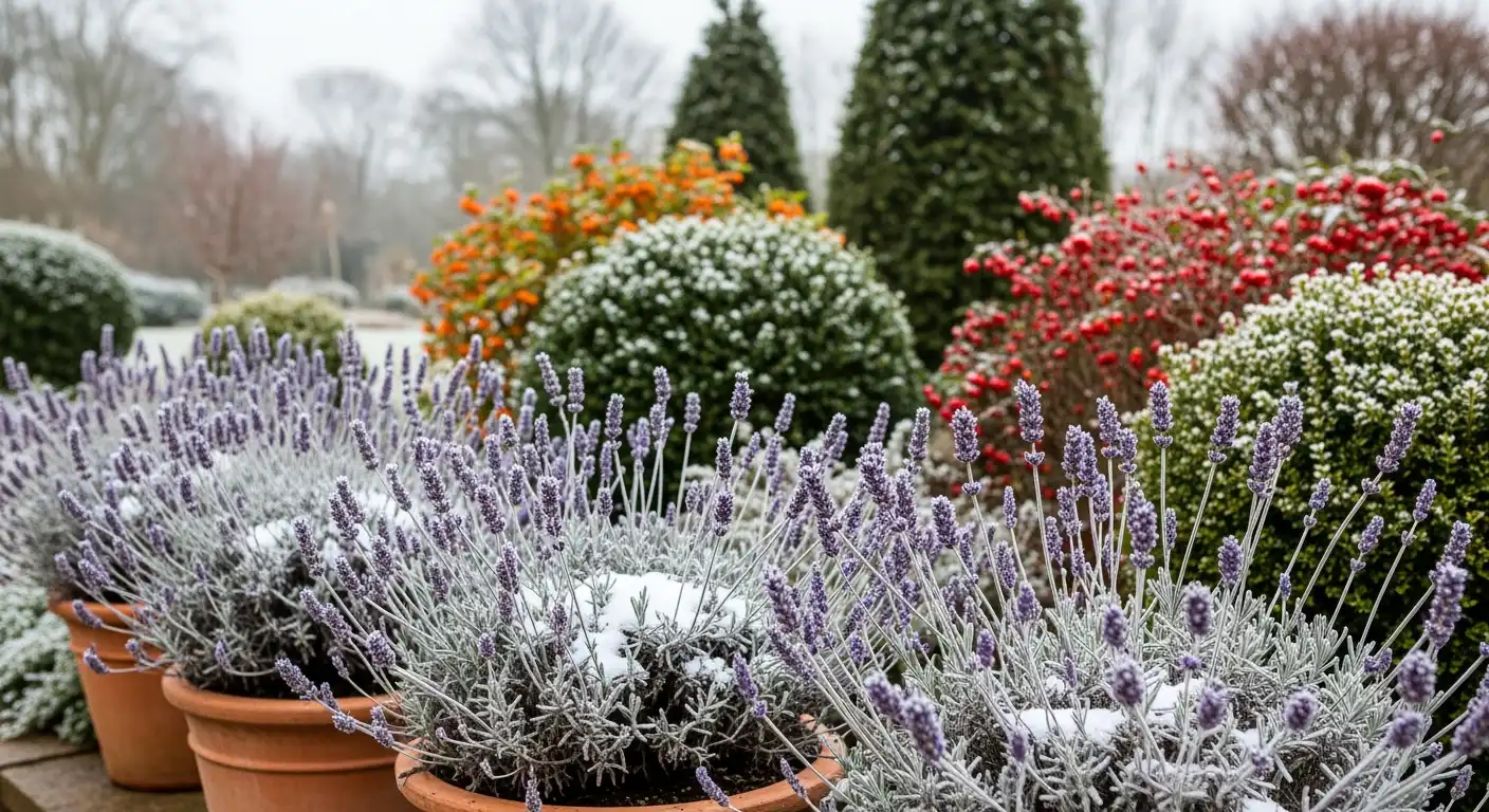 Wintervaste planten: Lavendel met rijp in potten, kleurrijke wintertuin.