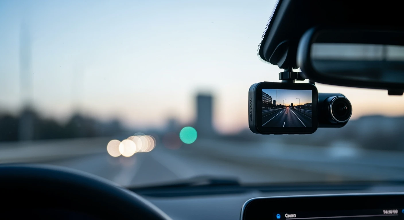 Moderne dashcam op voorruit auto. Beste dashcam voor veiligheid en zekerheid op de weg.
