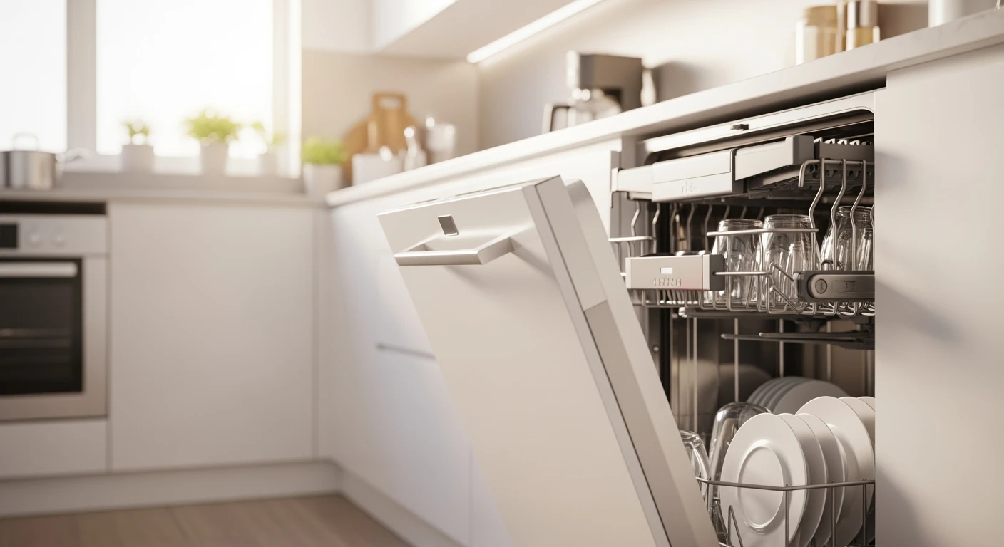 Inbouw vaatwasser in moderne keuken met schone vaat.