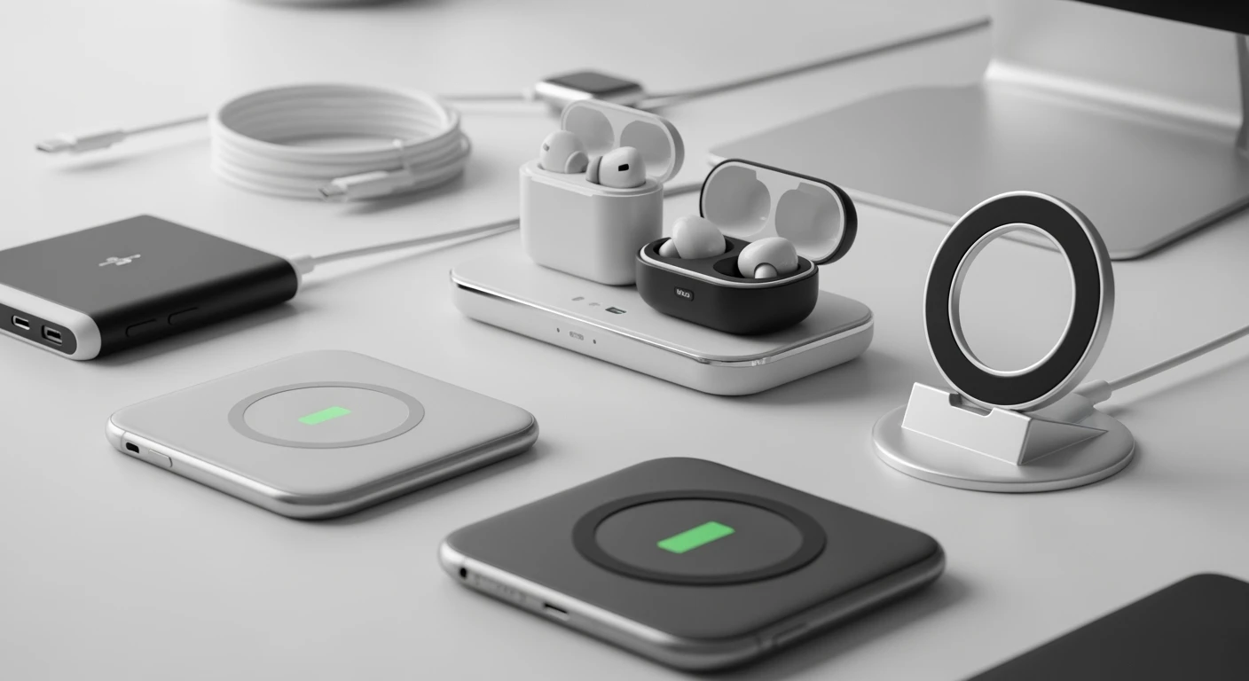 Draadloze oplader: Verschillende modellen (iPhone, Samsung) op een minimalistisch bureau.