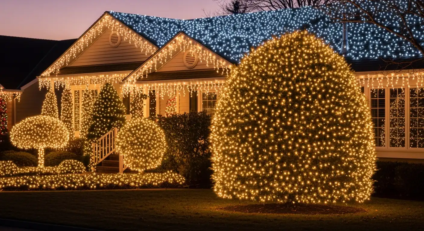 Sfeervolle kerstverlichting buiten siert huis en tuin met warme kerstlampjes.