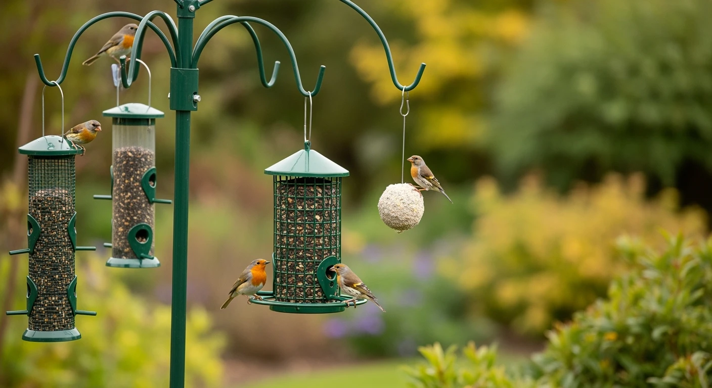 Vogelvoederstation met silo en vetbol in groene tuin. Vogels eten van het vogelvoer.