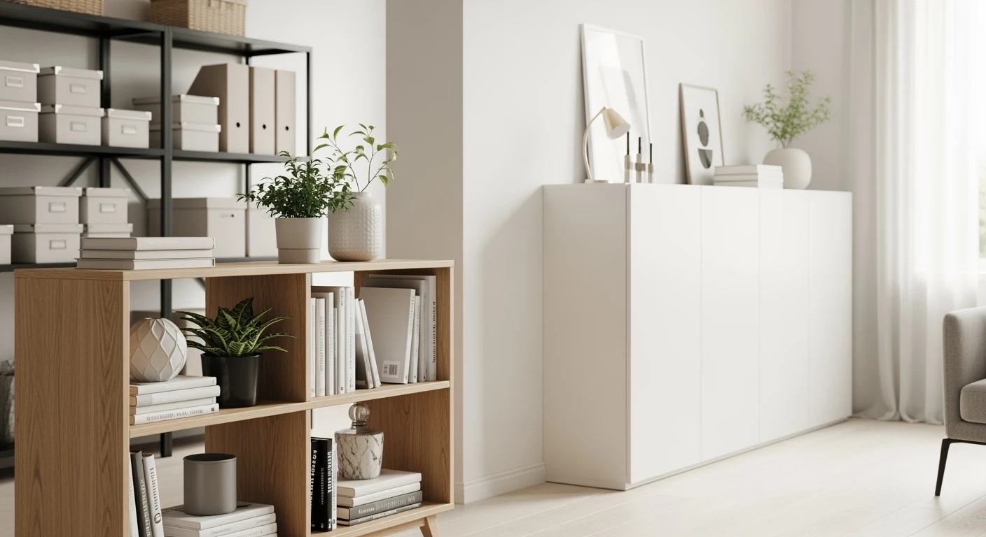 Modern opbergsysteem huis: open kast met boeken, planten en witte kast voor georganiseerde spullen.
