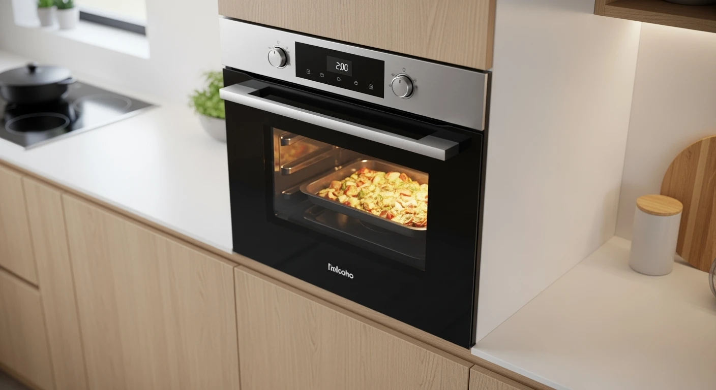 Moderne combimagnetron inbouw in strakke keuken. Gerecht in de combi magnetron.