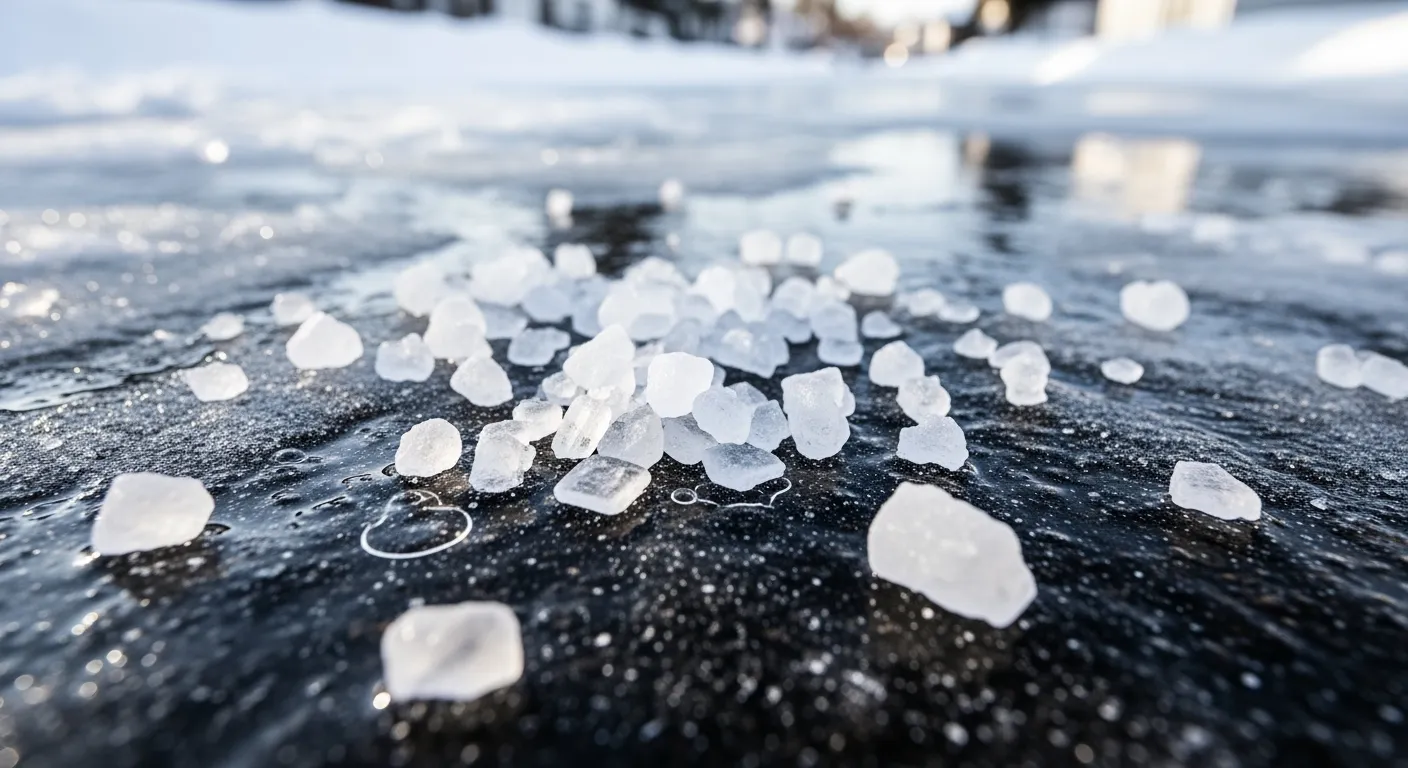 Strooizout op smeltend ijs. Veilig zout strooien voor een gladvrije winter.