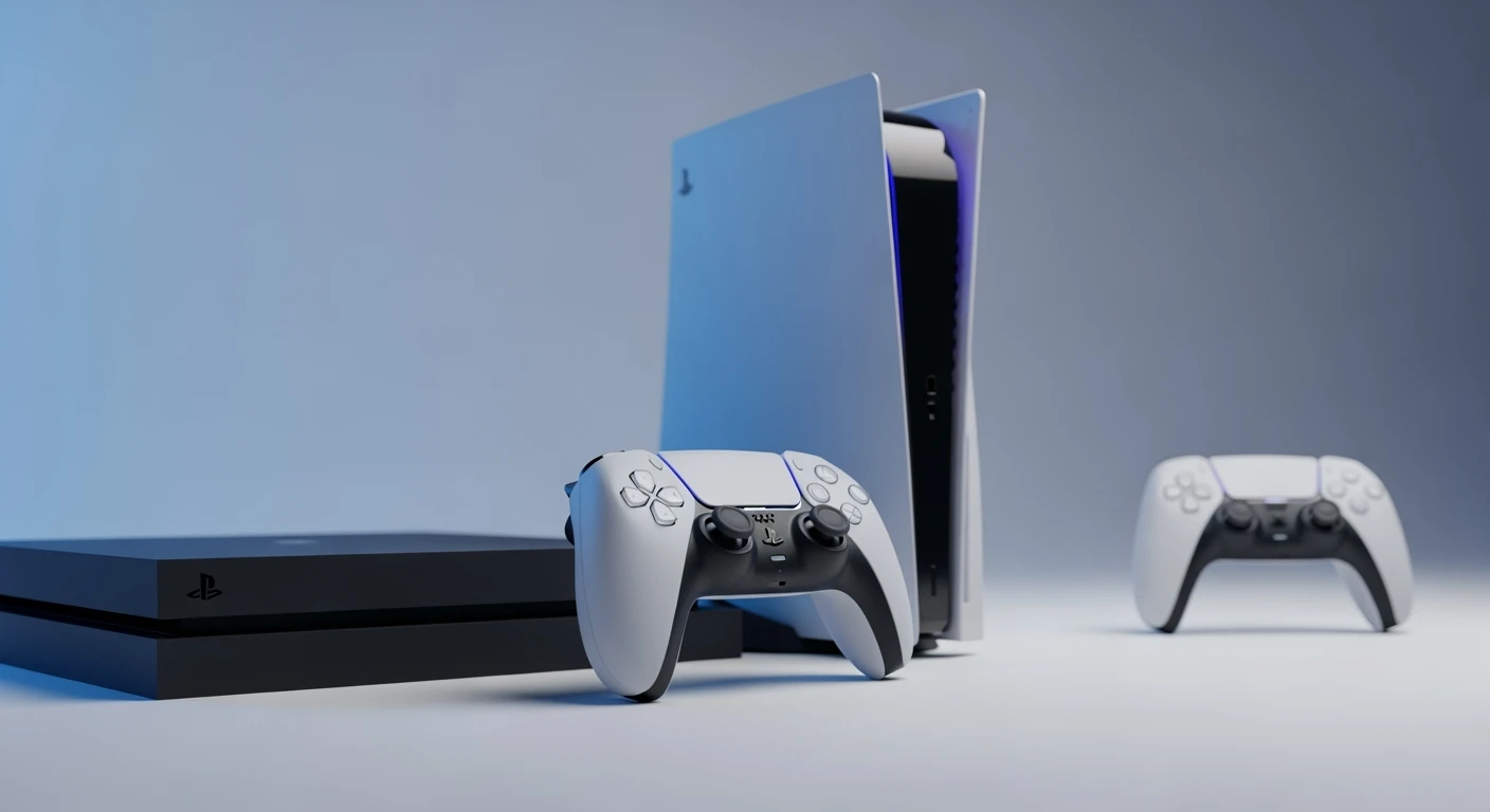 PlayStation: PS5 Slim & DualSense voorgrond, PS4 Slim achtergrond.