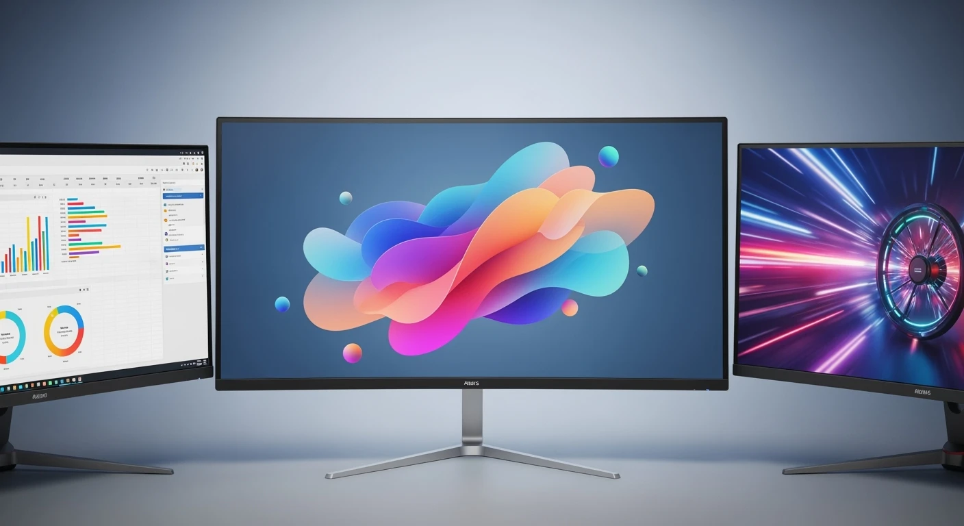 Drie monitoren: centraal 27-inch beeldscherm, links spreadsheet, rechts curved game monitor.