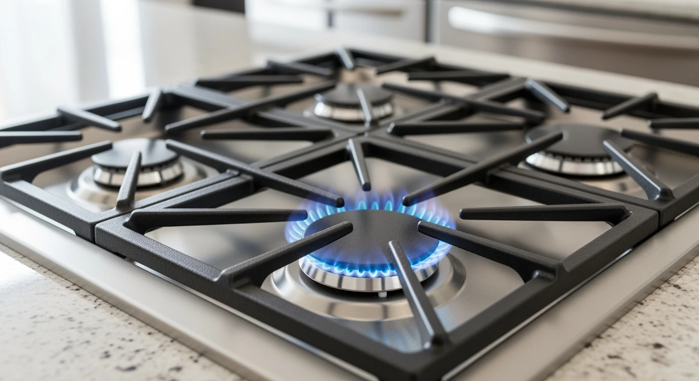 Modern **gasfornuis** met vier branders, waarvan één brandt met een blauwe vlam. RVS gaskookplaat op granieten aanrecht.