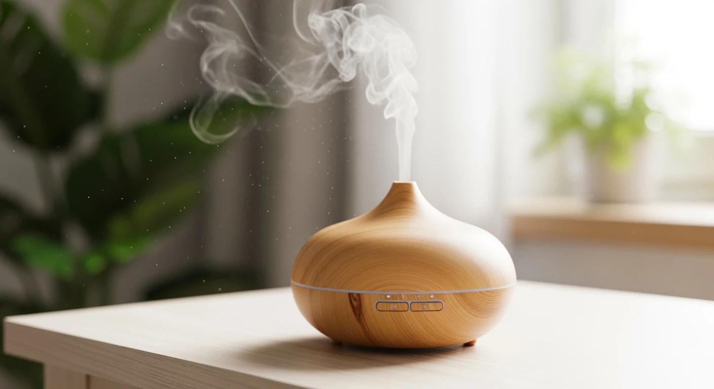 Aroma diffuser van licht hout verspreidt geurwolkjes in een serene, ontspannen sfeer.