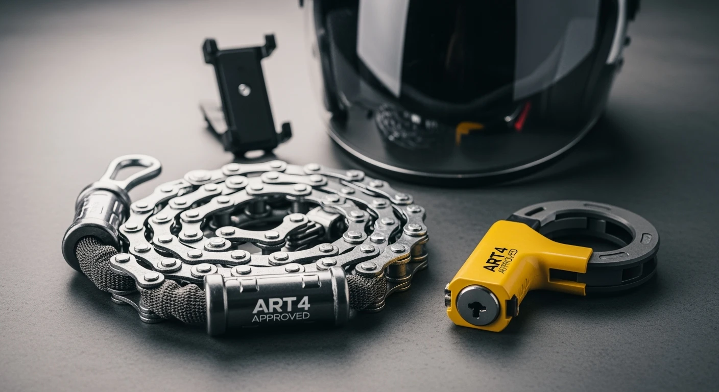 Motor accessoires: ART 4 sloten, telefoonhouder en helm op een grijze achtergrond.