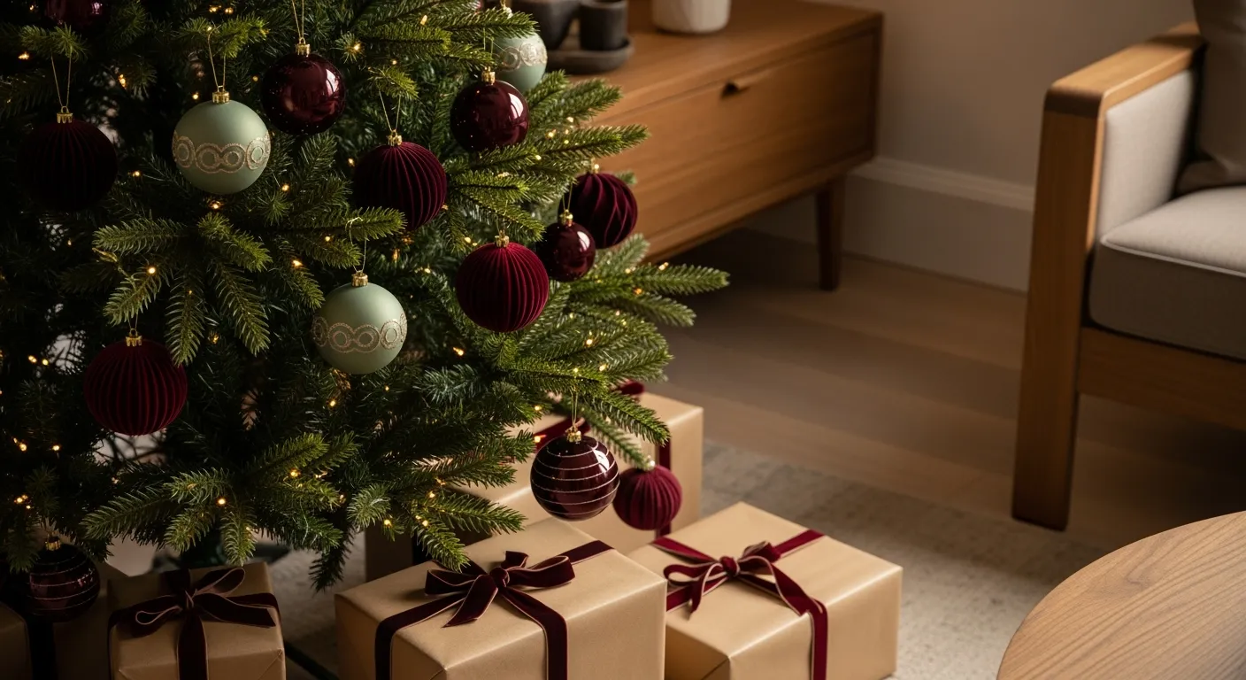 Sfeervolle kerstdecoratie: kerstboom met rode en groene kerstballen en cadeaus.