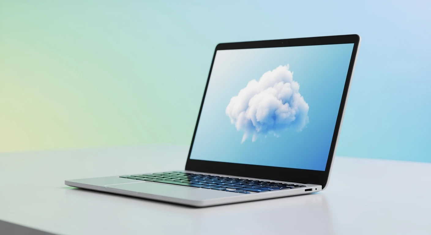 Strakke Chromebook op een minimalistisch bureau. Cloud graphic op scherm. Ideaal om een Chromebook te kopen.