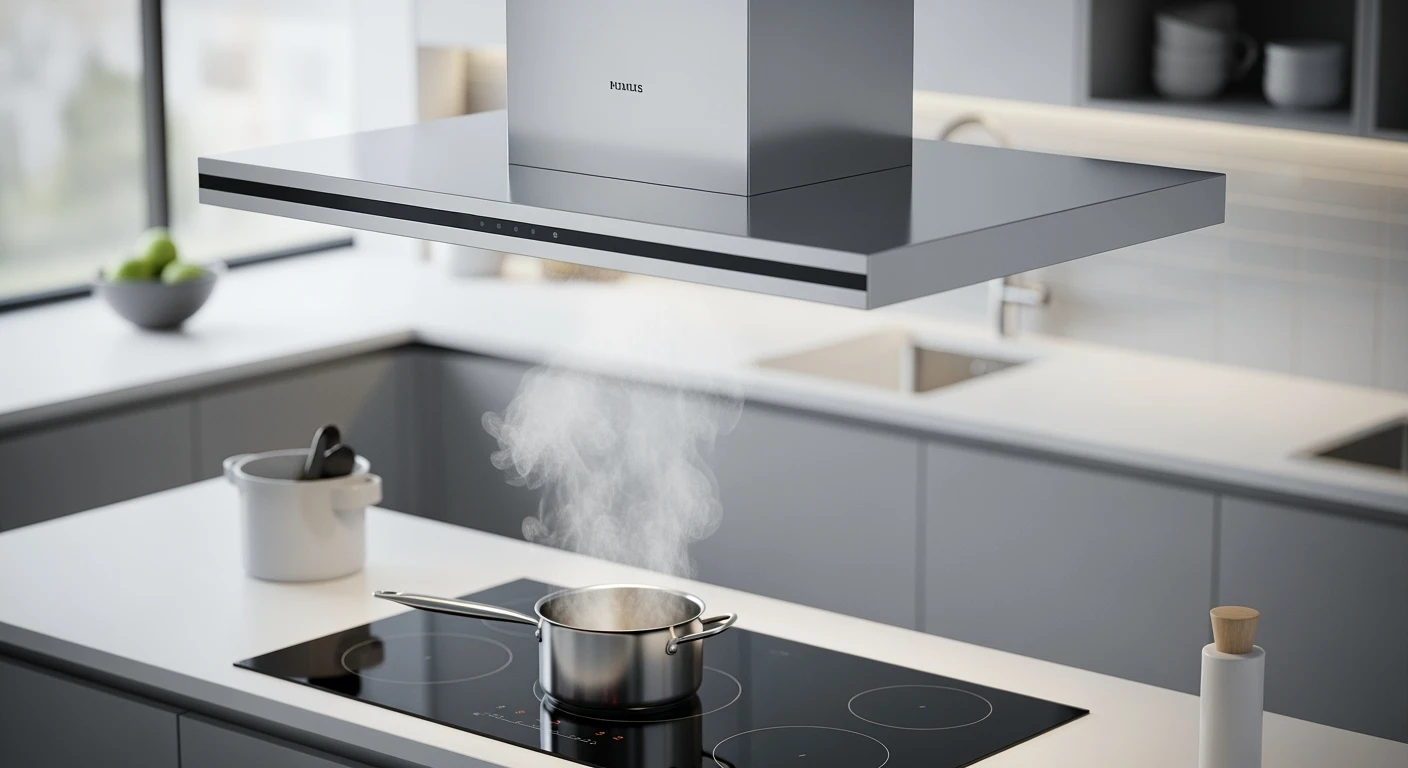 Moderne keuken met strakke RVS afzuigkap boven inductiekookplaat. Stoom van een pan.