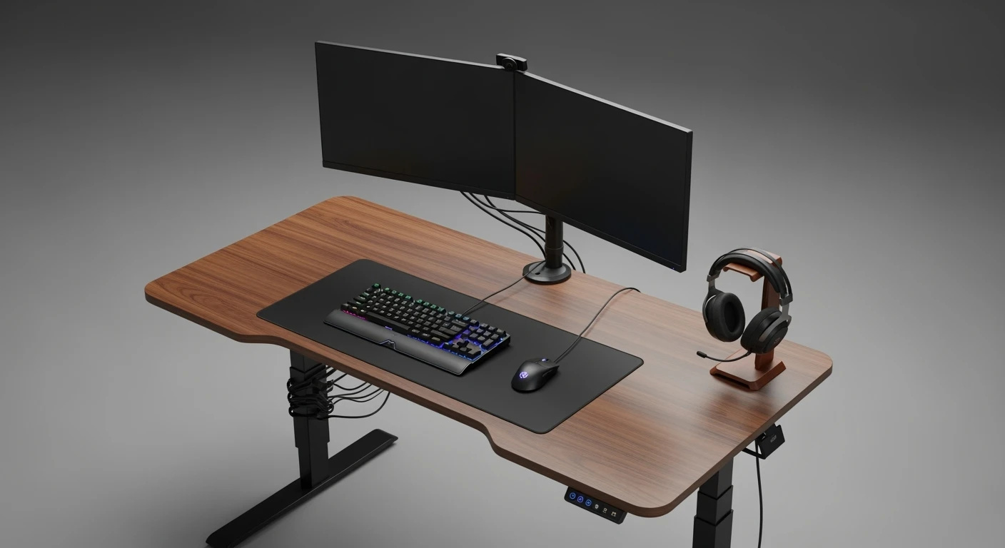 Georganiseerde game set up op een Casaria gaming bureau. Ergonomisch design met gamelaptop, monitors, en gamestoel.