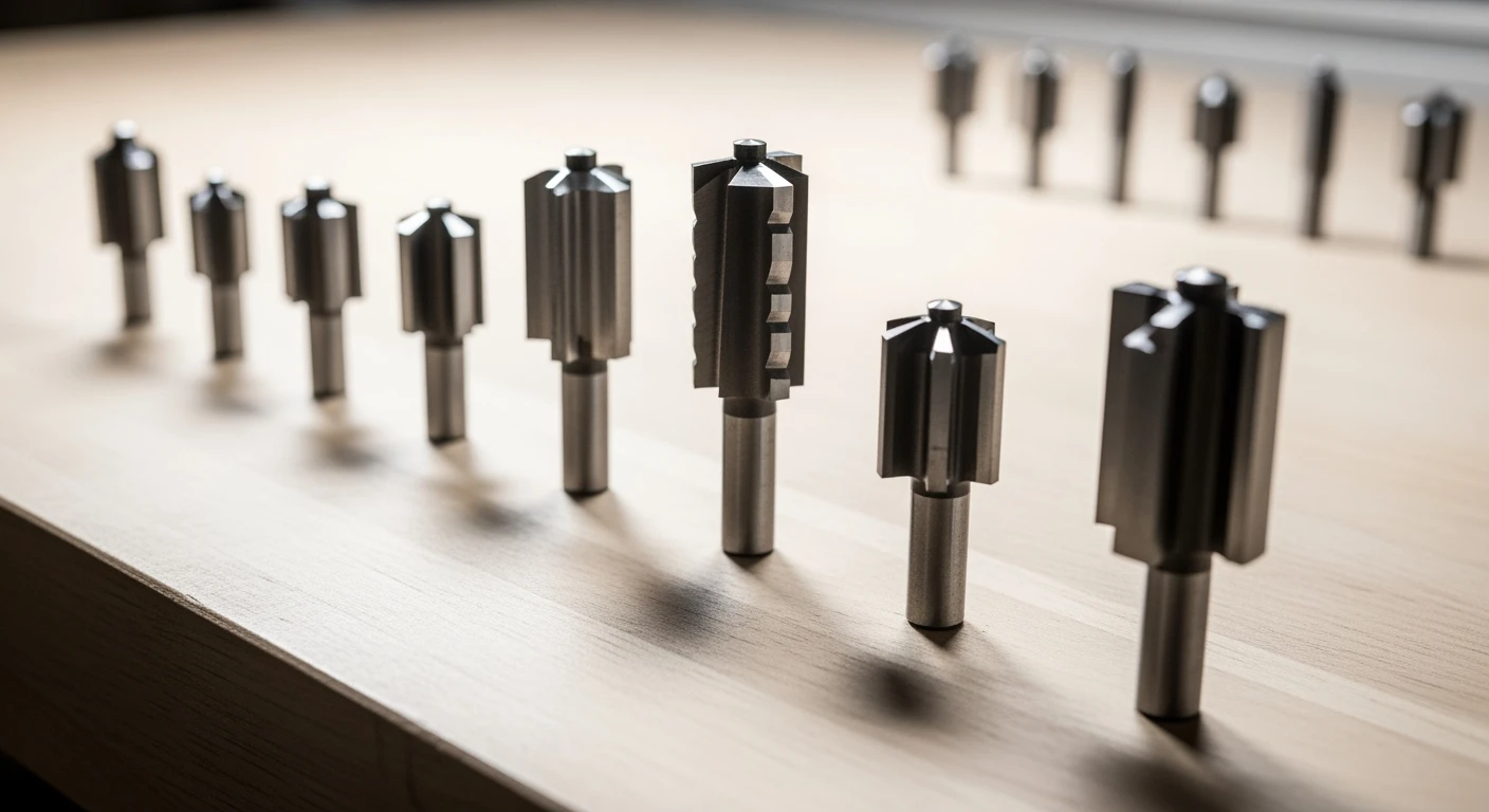 Freesmachine bit set: Diverse profielen voor houtbewerking, zoals afgerond en recht.