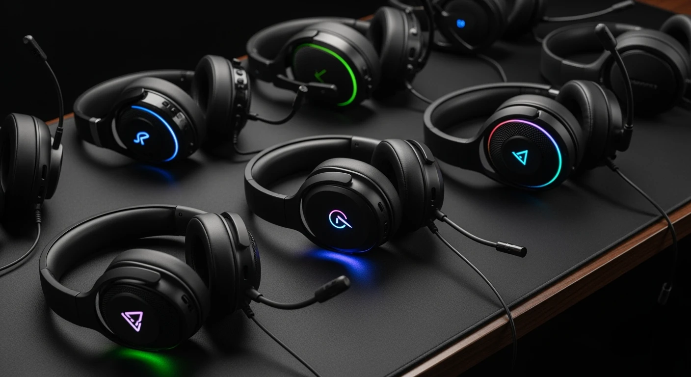 Diverse gaming headsets op een donkere gaming desk. Kies de beste headset voor jouw game!