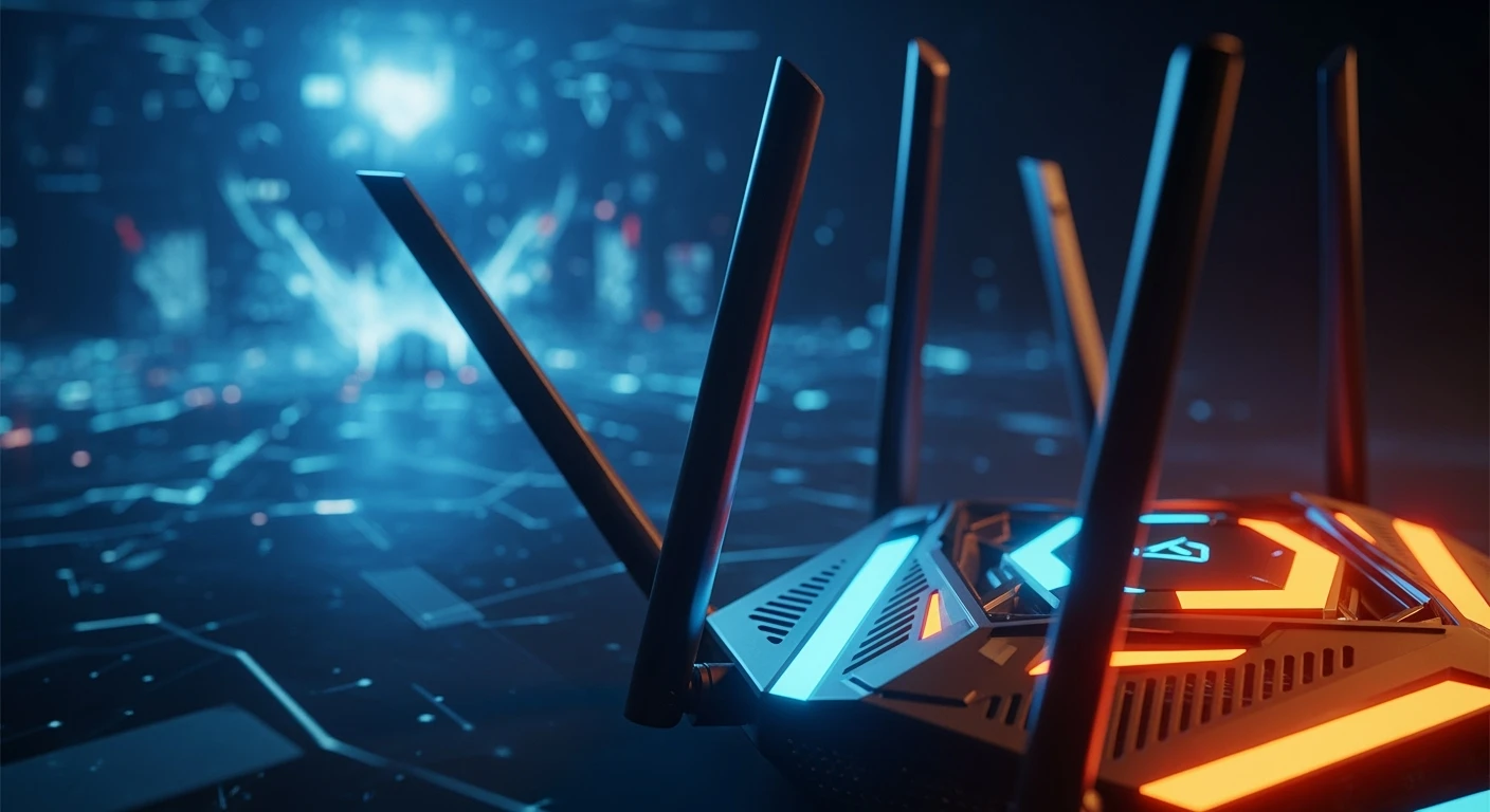 Futuristische gaming router: ASUS RT-AX86U met blauwe en oranje LED's. Krachtige gaming routers voor stabiel online gamen.