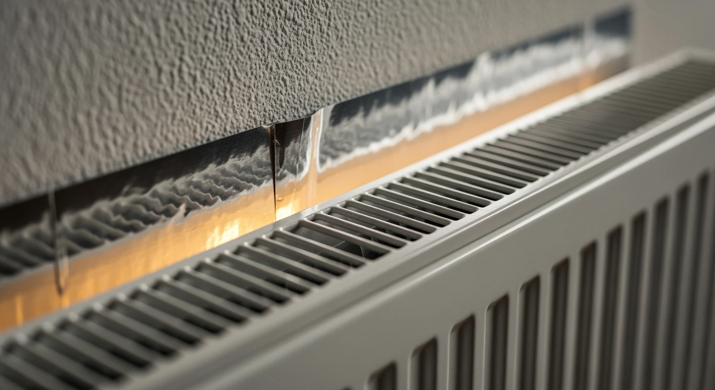 Radiatorfolie achter een witte radiator reflecteert warmte. Energiebesparende radiator isolatie in detail.