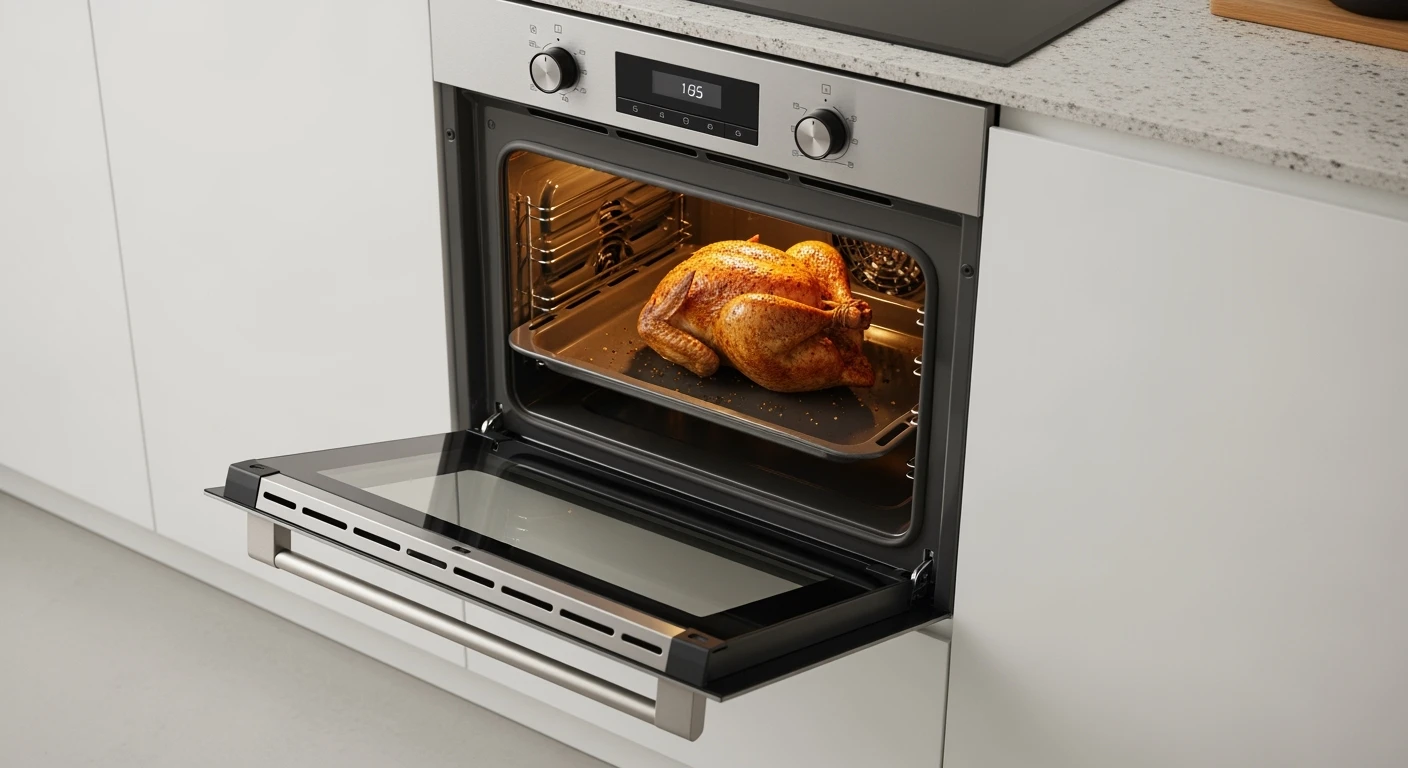 Elektrische oven in strakke keuken. Gouden kip roostert perfect. Ideaal om een oven elektrisch te kopen.