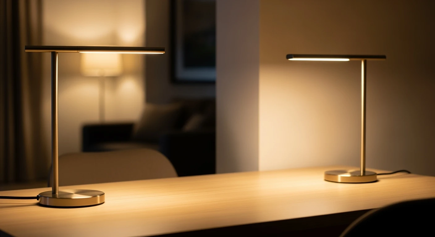Moderne tafellamp voor sfeer en werk. Stijlvolle oplaadbare tafellamp op bureau met warm licht.