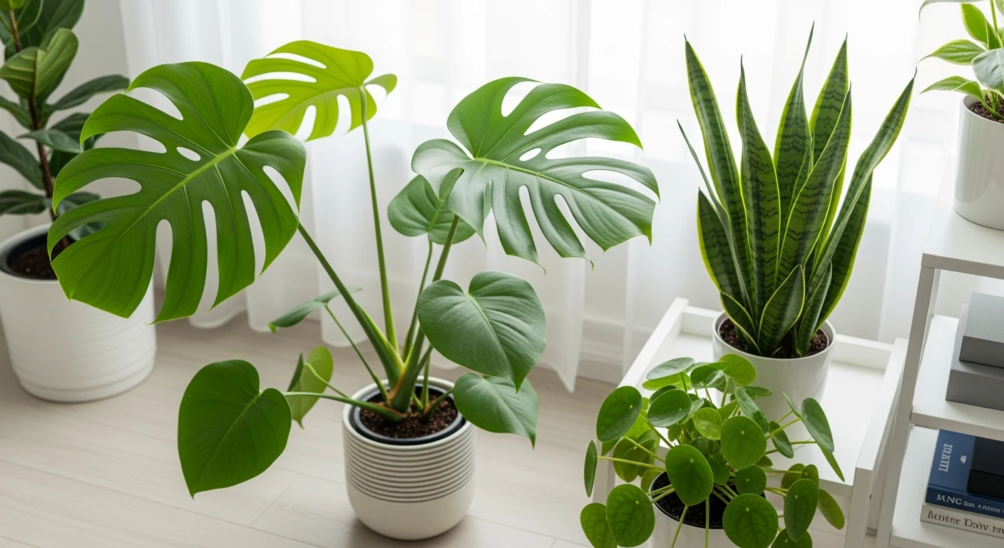 Diverse binnenplanten in een lichte, moderne woonkamer. Groene kamerplanten voor een gezonde sfeer.