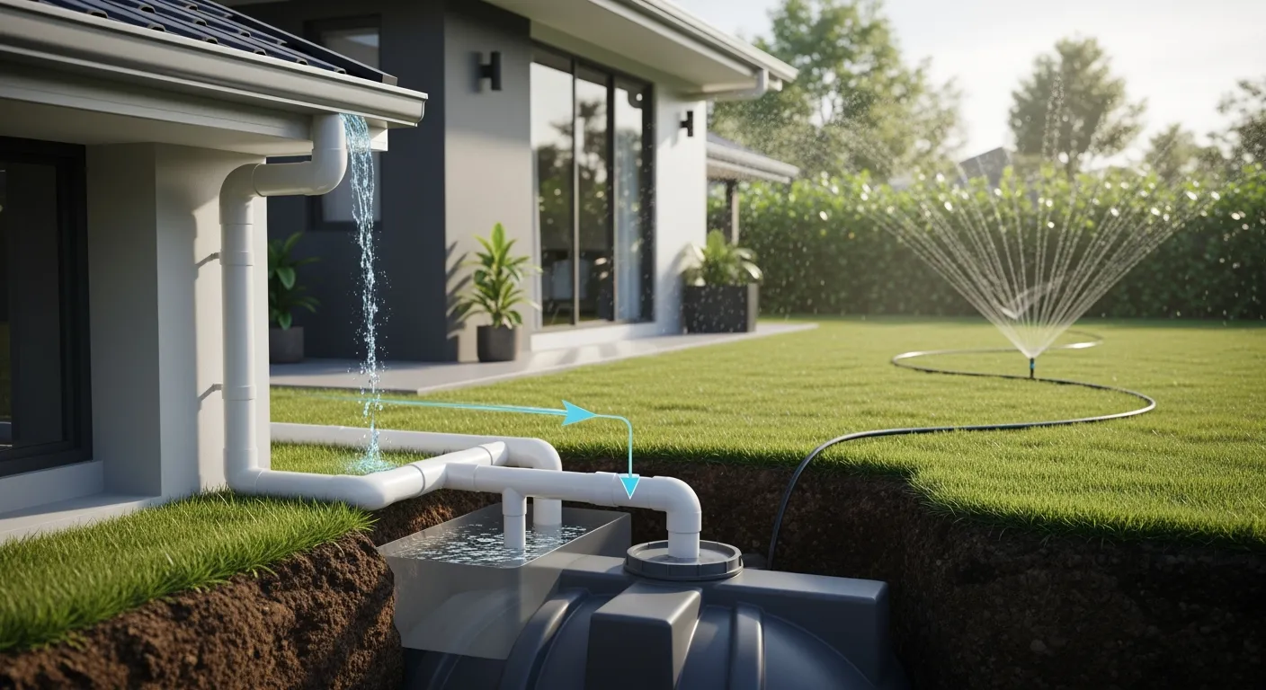 Regenwater hergebruik systemen: Ondergrondse tank voor hergebruik regenwater in een eco-vriendelijke tuin.