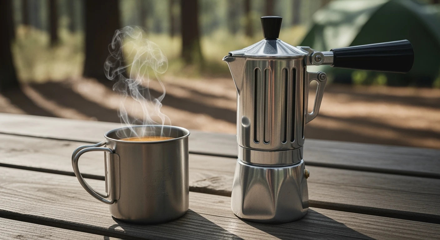 Camping koffiezetapparaat: Hand-espresso maker op een picknicktafel met dampende espresso in de natuur.