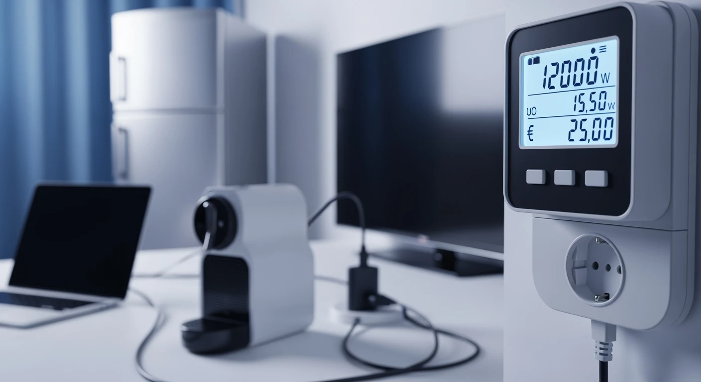 Energieverbruiksmeter in stopcontact toont wattage en kosten. Achtergrond: sluimerverbruik apparaten.