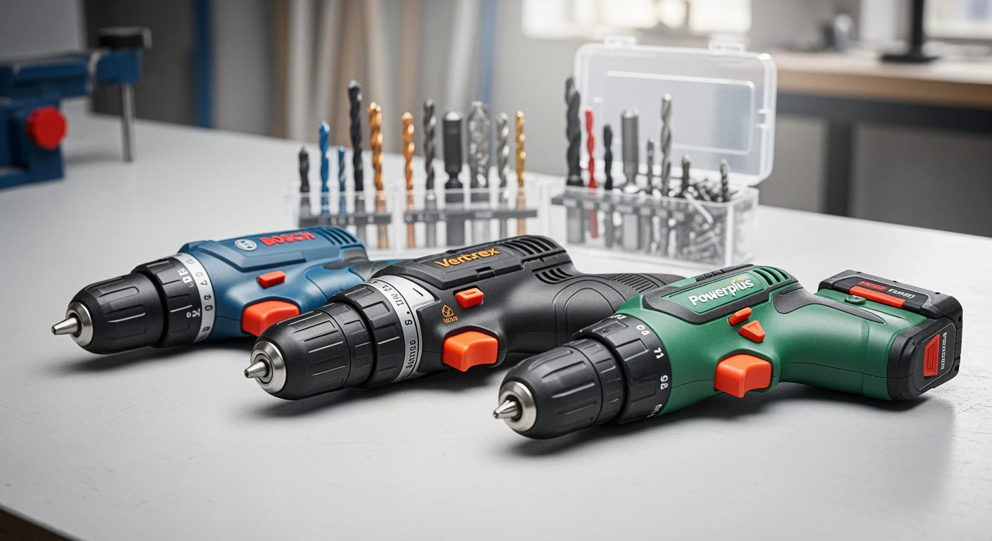 Beste accuboormachine 2025: Bosch, Vertrex & Powerplus op een werkbank.