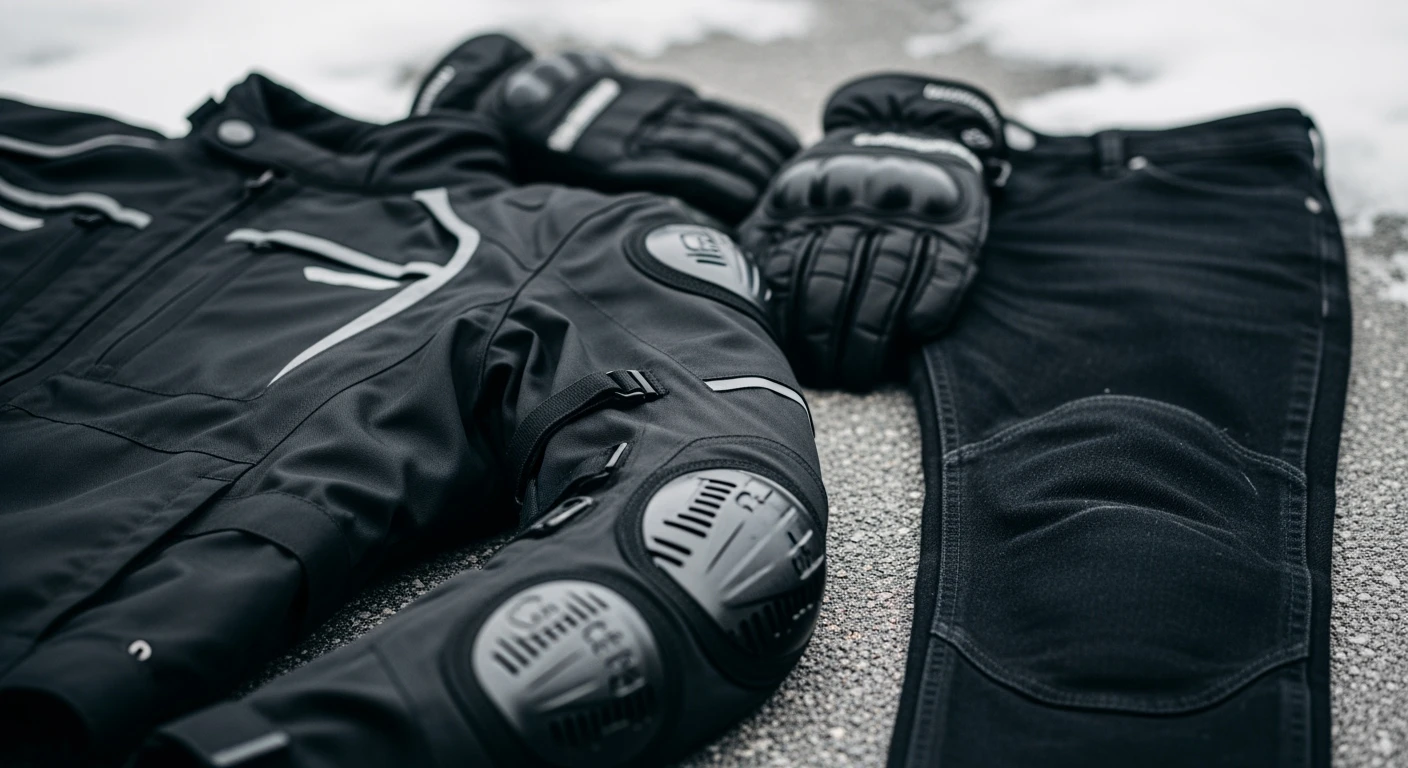 Winter motorkleding: motorjas, motorbroek, handschoenen. Veilig en warm op de motor.