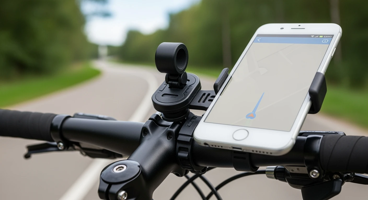 Fiets telefoonhouder met smartphone en navigatie-app op een fietsstuur.