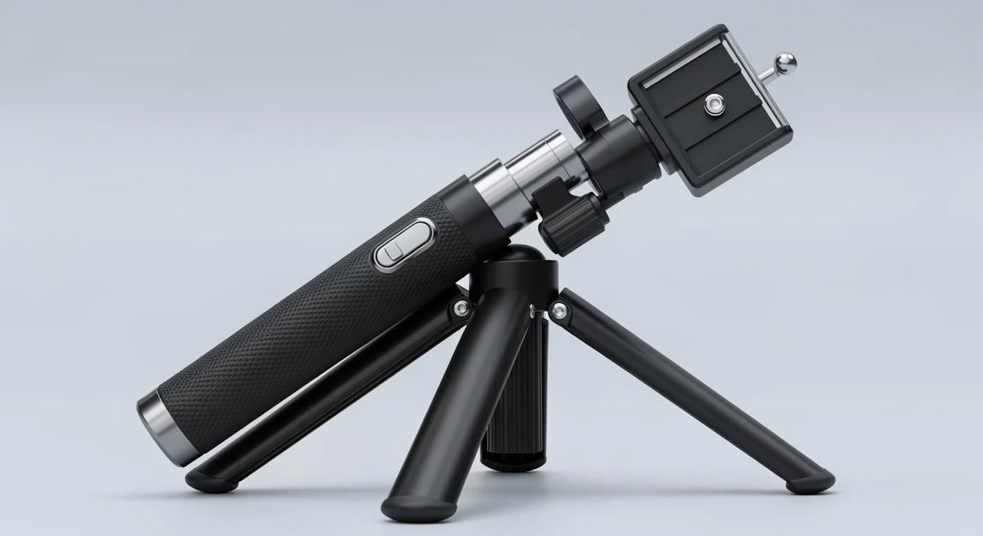 Zwarte 3-in-1 selfiestick tripod (ingeklapt). Ideaal om een selfiestick te kopen voor je reis!