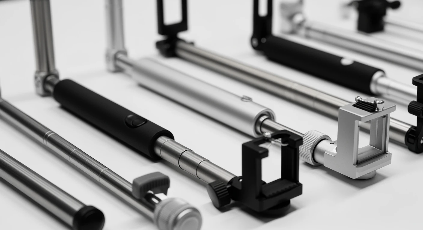 Beste selfiestick 2025: Close-up van diverse moderne selfiesticks met verschillende designs en functies.