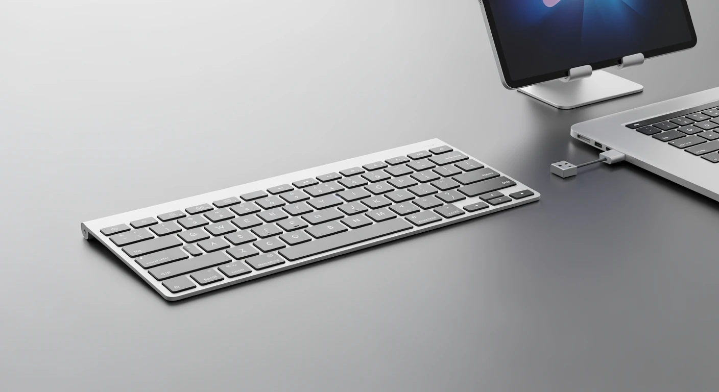 Draadloos toetsenbord op minimalistische setup. Logitech toetsenbord met USB dongle voor laptop en tablet.