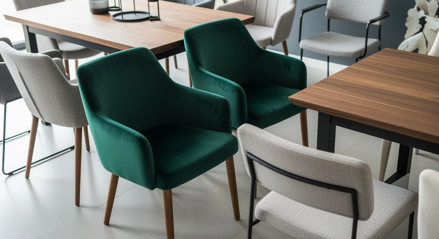 Stijlvolle eetkamerstoelen rond een donkere houten eettafel in een moderne eetkamer.