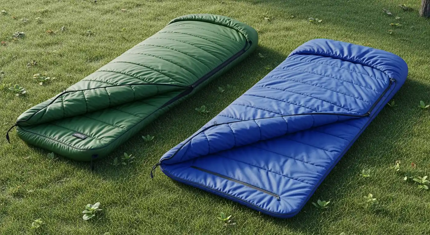 Groene mummy slaapzak en blauwe deken slaapzak op gras.