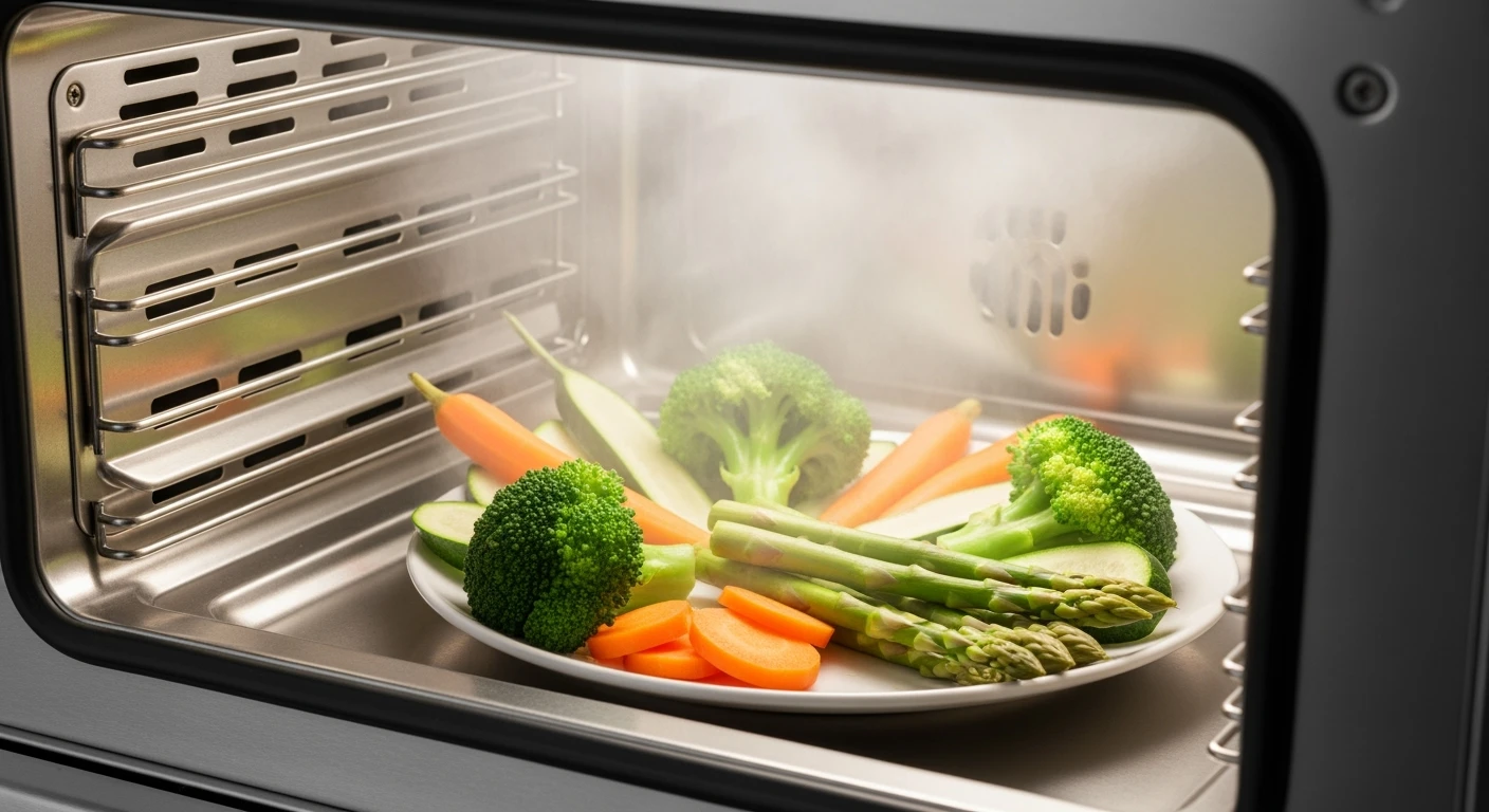 Inbouw stoom oven met gestoomde groenten. Gezond koken met een combi stoomoven.