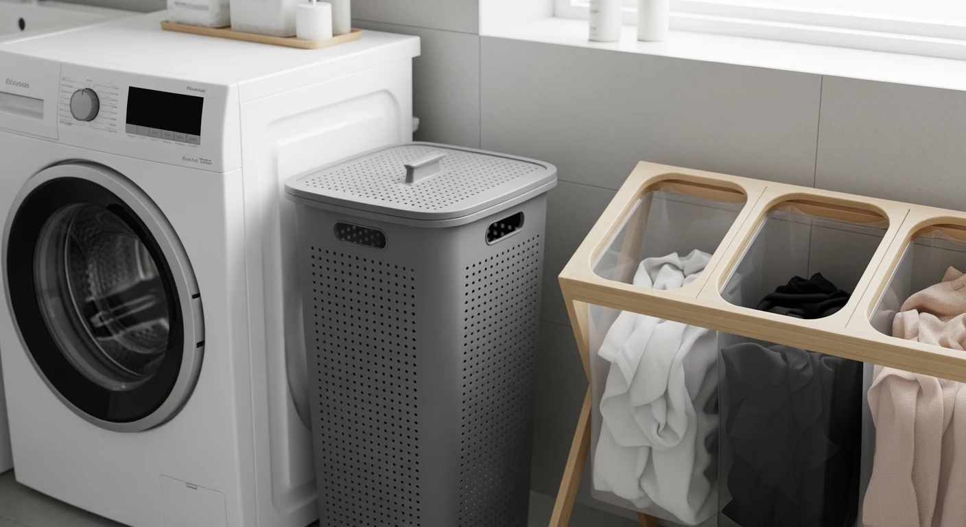 Anthracietgrijze wasmand naast houten wassorteerder met 3 vakken in lichte badkamer.