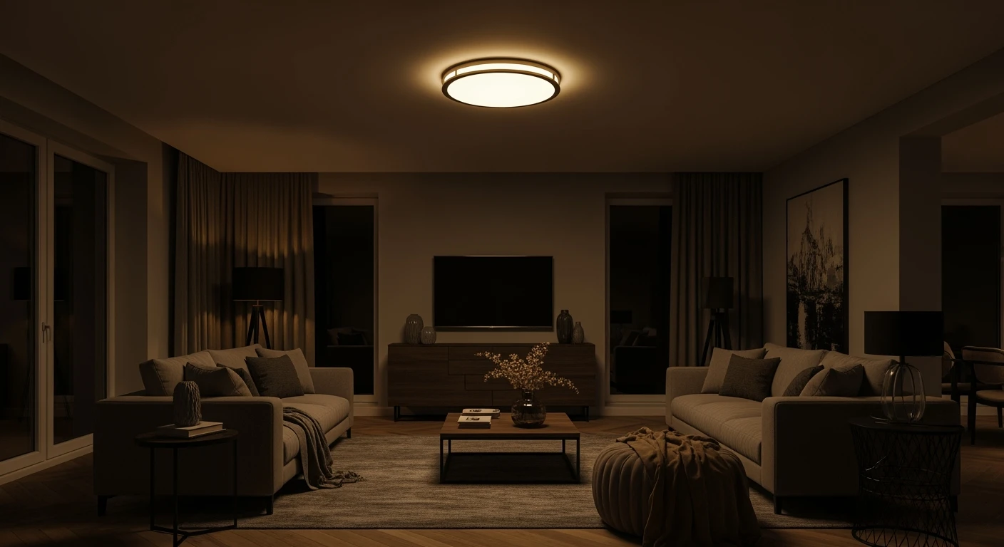 Dimbare plafondlampen LED in moderne woonkamer. Sfeervolle verlichting, gezellige ambiance.
