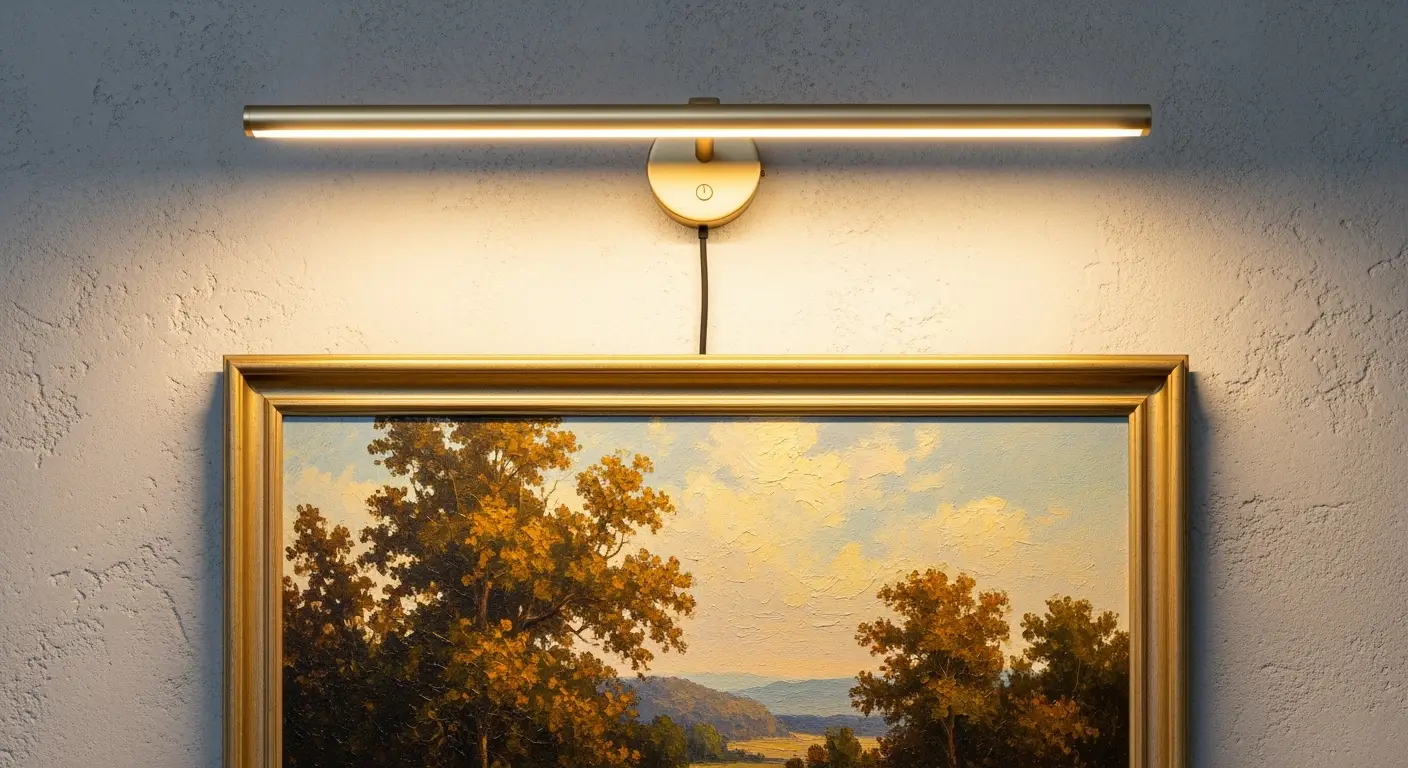 Schilderijlamp goud verlicht sfeervol een kleurrijk landschapsschilderij aan een grijze muur.