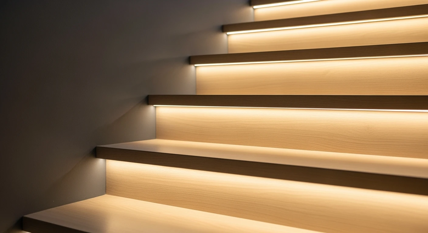 Moderne trapverlichting met LED strips onder elke trede voor sfeer en veiligheid.