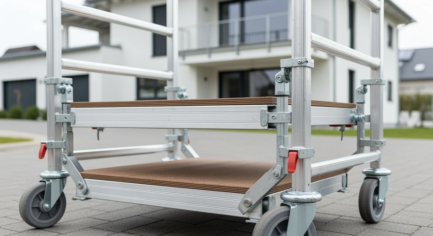 Rolsteiger: Veilig en veelzijdig. Detailopname van een aluminium steiger met houten platform.