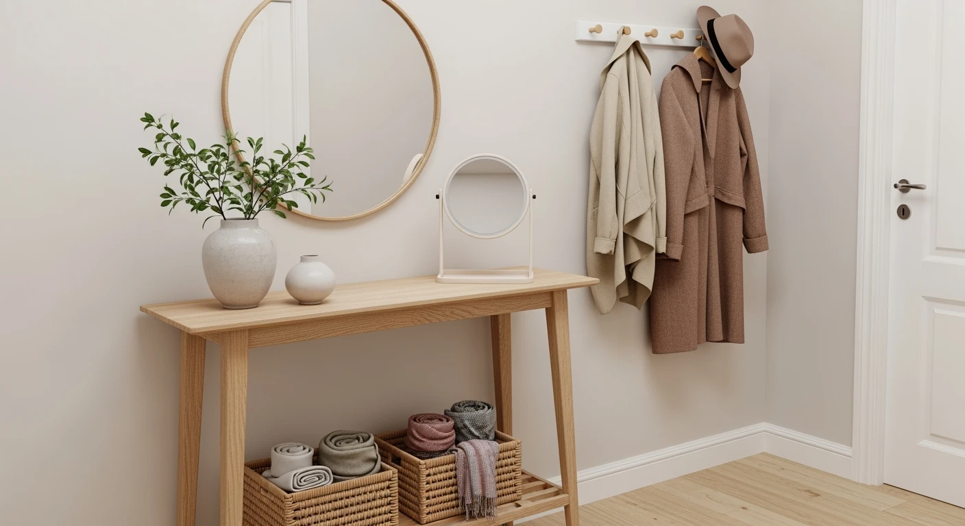 Stijlvolle hal met lichte houten console, wandspiegel, kapstok en andere halaccessoires.