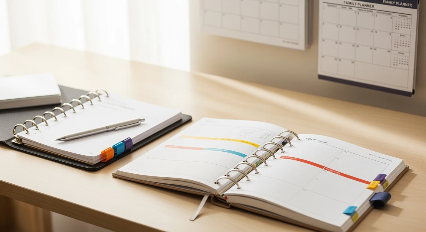 Diverse **planners** (week, dag, familie) op een georganiseerd bureau. Kies de perfecte **planner agenda** voor jouw behoe...