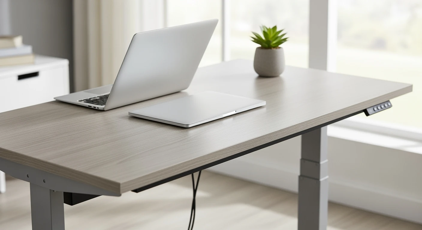 Lichtgrijs, elektrisch verstelbaar bureau met laptop en plant. Modern ergonomisch bureau voor thuiswerk.